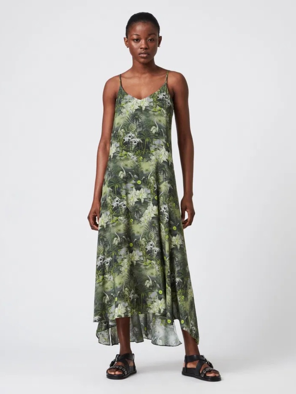 All Saints Essey Green Botanical Slip Midi Dress